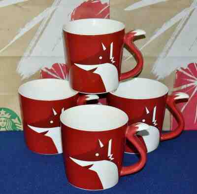 Starbucks 2012 Set Of 4 New Bone China Red Fox w/Tail Handle 8 ounce Mugs