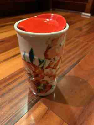 2015 STARBUCKS RED ORANGE FLORAL 10 oz. CERAMIC TUMBLER TRAVEL MUG W/LID Rare - Sold on eBay Nov, 23rd 2019 for $24.99