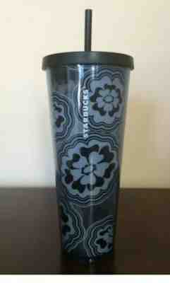 Starbucks Acrylic Cold Cup Travel Tumbler Mug 24 oz BLACK/BLUE WAVY Flowers NEW - Sold on eBay Nov, 23rd 2019 for $24.99
