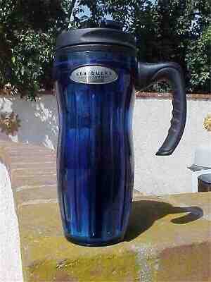 NOS 2002 STARBUCKS 16 OZ SAPPHIRE COBALT BLUE LUCY TRAVEL TUMBLER WITH HANDLE