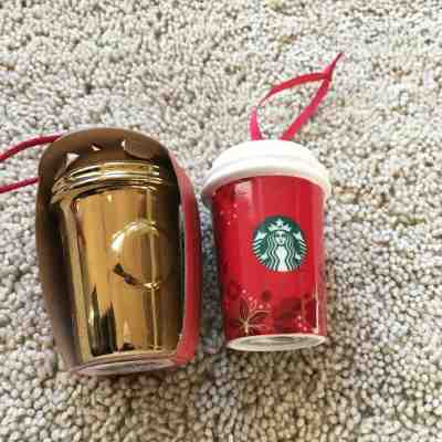 2-Pack Starbucks Red & Gold Christmas Holiday Mini Ceramic Cup Tree Ornament - Sold on eBay Nov, 22nd 2019 for $20.00