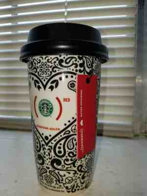*New* Starbucks 2010 Jonathan Adler paisley (Red) heart ceramic travel mug 12... - Sold on eBay Nov, 22nd 2019 for $45.00