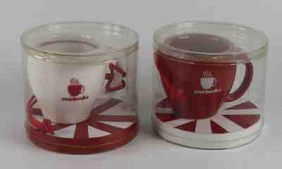 Pair Starbucks Mini Abbey II 2004 Ornament Ceramic Mugs White Red Christmas  - Sold on eBay Nov, 25th 2019 for $34.95