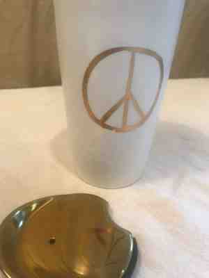 Starbucks Gold Peace Sign Travel Mug Ceramic Tall Cup 12 oz 2015 White Holiday - Sold on eBay Nov, 25th 2019 for $19.00