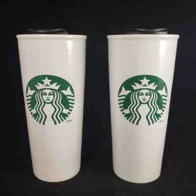 2 Starbucks 2014 Tall White Green Siren Logo Traveler Tumbler Travel Mugs 16 oz - Sold on eBay Nov, 25th 2019 for $52.95