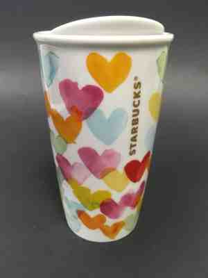 Starbucks Watercolor Hearts Travel Mug 2015 10 Oz Ceramic Coffee Cup With Lid - Sold on eBay Nov, 25th 2019 for $22.49