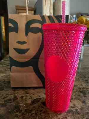 NEW STARBUCKS 2019 Neon Pink Studded Cold Cup Tumbler WINTER HOLIDAY 24 oz - Sold on eBay Nov, 25th 2019 for $23.50