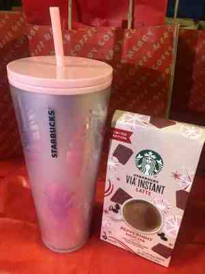 New Limited Starbucks 2019 Venti Pink Leaf + Peppermint Mocha Cup Tumbler Combo - Sold on eBay Nov, 25th 2019 for $28.00