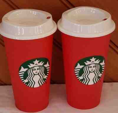 2 New Starbucks Red Reusable Holiday 2018 Travel Cup Limited Edition Grande 16oz - Sold on eBay Nov, 26th 2019 for $18.50