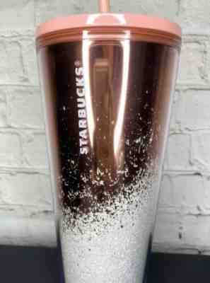 Starbuck Tumbler Rose Gold Pink White Snow Glitter 2019 Holiday Winter Cold Cup - Sold on eBay Nov, 24th 2019 for $18.51