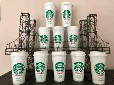 Lot of 10 Starbucks Joyeux Cafe Reusable Cup Quebec Canada Christmas Holiday - Sold on eBay Nov, 24th 2019 for $115.00