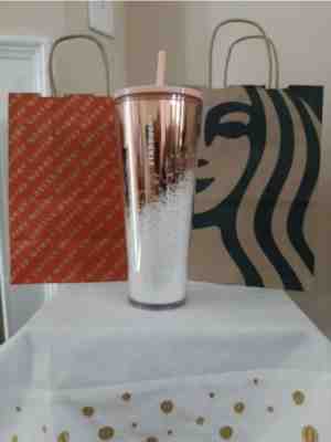 STARBUCKS 2019 Rose Gold Pink Cascading Snow Tumbler Holiday Glitter Edition NEW - Sold on eBay Nov, 24th 2019 for $29.40