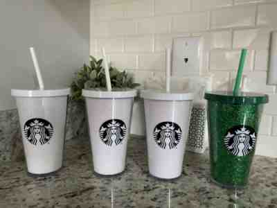 LOT OF FOUR! New Starbucks 2017 White Glitter Grande Cold Cup Tumbler 16 oz - Sold on eBay Nov, 23rd 2019 for $36.99