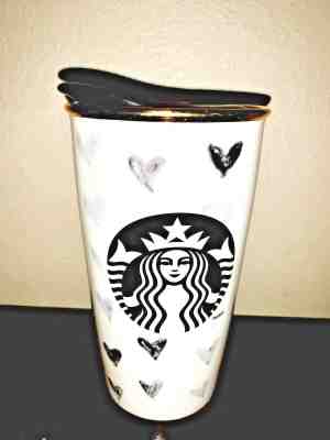 RARE! Starbucks 2014 HEARTS DOUBLE WALLED Ceramic TUMBLER with LID NEW! - Sold on eBay Nov, 27th 2019 for $25.00