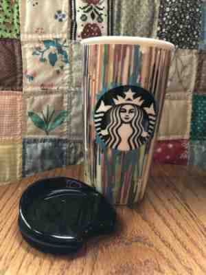 Starbucks Paint Drip Stripes 2015 Ceramic Travel Coffee Mug Cup Tumbler Lid - Sold on eBay Nov, 26th 2019 for $18.99