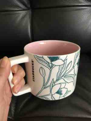 Starbucks Spring 14 Oz. Ceramic Mug Teal White Flowers Floral With Pink Interior - Sold on eBay Nov, 26th 2019 for $21.00