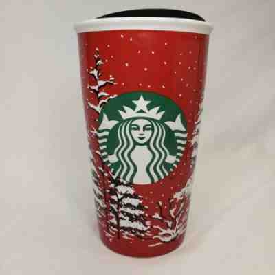 2016 STARBUCKS Christmas Holiday Ceramic Coffee Tumbler "Snowy Trees" 12 oz - Sold on eBay Nov, 26th 2019 for $21.95