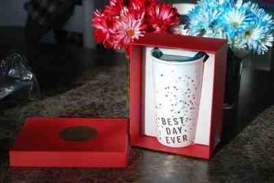 NIB NEW Starbucks BEST DAY EVER Metallic Confetti Ceramic Travel Mug 2015 Rare - Sold on eBay Nov, 26th 2019 for $49.00