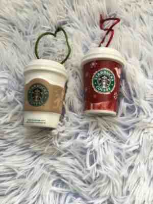 Starbucks 2008 Set Of Two Ceramic Mini To Go Cup Christmas Ornaments Red & White - Sold on eBay Nov, 26th 2019 for $19.54