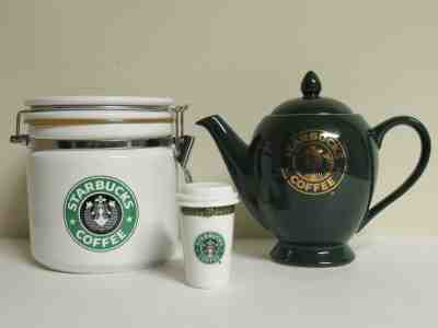 Vintage Starbucks Mermaid LOT Coffee Canister-Teapot - Mini To Go Shot Glass - Sold on eBay Nov, 28th 2019 for $30.00