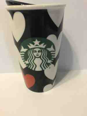 Starbucks Black, White, Red Hearts 2015 Ceramic Travel Tumbler Never Drunk Out - Sold on eBay Nov, 27th 2019 for $18.75