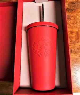 STARBUCKS 2015 Red Matte Metal Cold Cup Tumbler Metal Straw Ships Free BRAND NEW - Sold on eBay Nov, 27th 2019 for $29.99