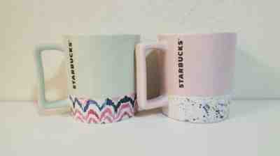 Lot 2 Starbucks Valentine's Pink White Blue Paint Splatter 12 Oz Mugs 2018 Pair - Sold on eBay Nov, 26th 2019 for $19.95