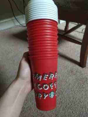 LOT OF 4 Starbucks 2019 Red Reusable Cup Grande 16oz MERRY COFFEE  - Sold on eBay Nov, 26th 2019 for $28.00