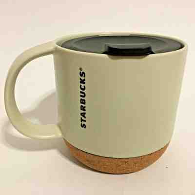 STARBUCKS Ivory Cork Bottom Coffee Mug Cup and Lid 12 fl oz Logo Ceramic 2016 - Sold on eBay Nov, 28th 2019 for $24.99
