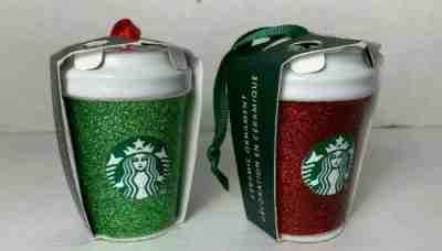  New Starbucks Holiday Christmas Ornaments Red Green Glitter Ceramic  2019 2pcs - Sold on eBay Nov, 29th 2019 for $37.00