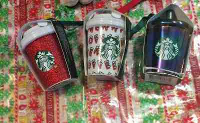 3 2019 Starbucks Ornaments Red Sparkle & Merry & Iridescent Cups NWT Ww Ship - Sold on eBay Nov, 29th 2019 for $29.79