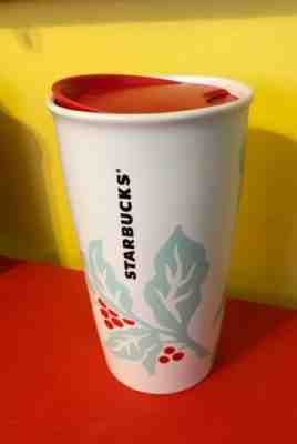 New Starbucks 2018 Ceramic Holiday Holly Red Berries 12oz. Mug Cup Travel w/Lid - Sold on eBay Nov, 29th 2019 for $21.00