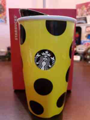Starbucks Ceramic Yellow & Black Polka Dot Traveler Coffee Mug Tumbler 12oz - Sold on eBay Nov, 29th 2019 for $30.00