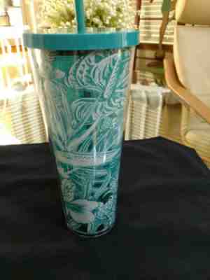 New Starbucks Tropical Blue Aqua Floral Acrylic Cold Cup Tumbler 24oz Venti NWT