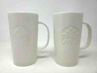 2 Starbucks Ceramic 16 Oz Coffee Mug 2014 White On White Embossed Siren Logo - Sold on eBay Nov, 30th 2019 for $39.99