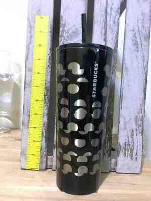 New Starbucks Black Tumbler Stainless Steel Silver Polka Dots With Straw 24oz - Sold on eBay Nov, 30th 2019 for $22.99