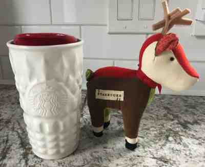 LOT OF 2: STARBUCKS COFFEE Reindeer Plush & 2014 White Ceramic Travel Tumbler - Sold on eBay Nov, 30th 2019 for $18.99