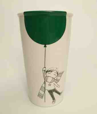 2014 Starbucks Ceramic Travel Tumbler Mug Boy Green Balloon 12 oz Cup Lid White - Sold on eBay Nov, 30th 2019 for $21.59