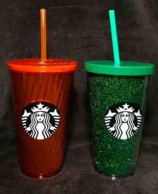 (2) Starbucks Holiday Tumblers ~ Acrylic Red Pleated & Green Glitter /16 oz Each - Sold on eBay Nov, 30th 2019 for $25.98