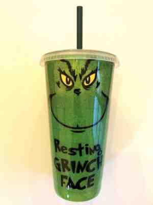NEW “Resting Grinch Face” Inspired Starbucks Reusable Cold Cup Glitter Tumbler - Sold on eBay Nov, 29th 2019 for $18.99