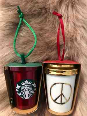 Starbucks 2015 Gold Peace Sign Travel Tumbler Ceramic 2016 Red Cold Cup Ornament - Sold on eBay Dec, 1st 2019 for $19.99