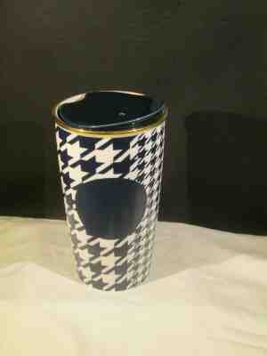 2015 Starbucks DOT Ceramic Tumbler Navy Blue Hounds-tooth With Gold Lip & Lid  - Sold on eBay Dec, 1st 2019 for $20.00