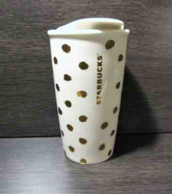 2014 Starbucks Ceramic "Gold Polka Dot" Travel Mug Tumbler w Lid 10 oz~Exc! - Sold on eBay Dec, 1st 2019 for $19.85