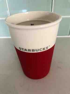 Starbucks Ceramic White Travel Mug 2011 8oz Silicone Red Sleeve Bone No Lid - Sold on eBay Dec, 1st 2019 for $15.73