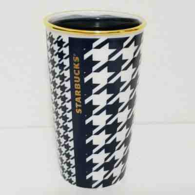 Starbucks Dot Collection 2015 Ceramic 12 Oz Tumbler Mug Blue Gold Houndstooth - Sold on eBay Dec, 1st 2019 for $17.60
