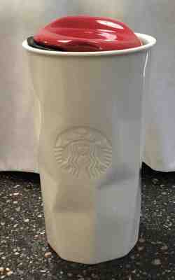 Starbucks 2013 Faceted Ceramic Coffee Tumbler Travel Mug White Red Lid 10 Oz - Sold on eBay Nov, 30th 2019 for $21.99