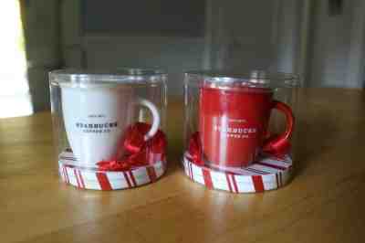 STARBUCKS 2002 ABBEY RED AND WHITE MUG ORNAMENTS - Sold on eBay Nov, 30th 2019 for $37.00
