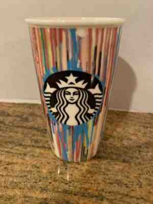 STARBUCKS 2015 Paint Drip Stripes 12oz Ceramic Travel Tumbler Mug Coffee Painted - Sold on eBay Dec, 1st 2019 for $17.99