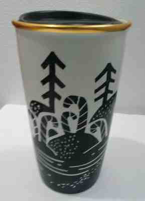 Starbucks Coffee 12 oz Ceramic Tumbler Winter Scene Gold Trim Plastic Top 