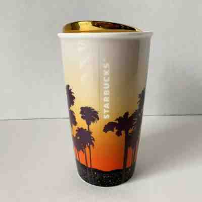Starbucks 2015 Los Angeles Porcelain Travel Mug Cup Palm Trees Sunset Gold Lid  - Sold on eBay Dec, 4th 2019 for $49.18